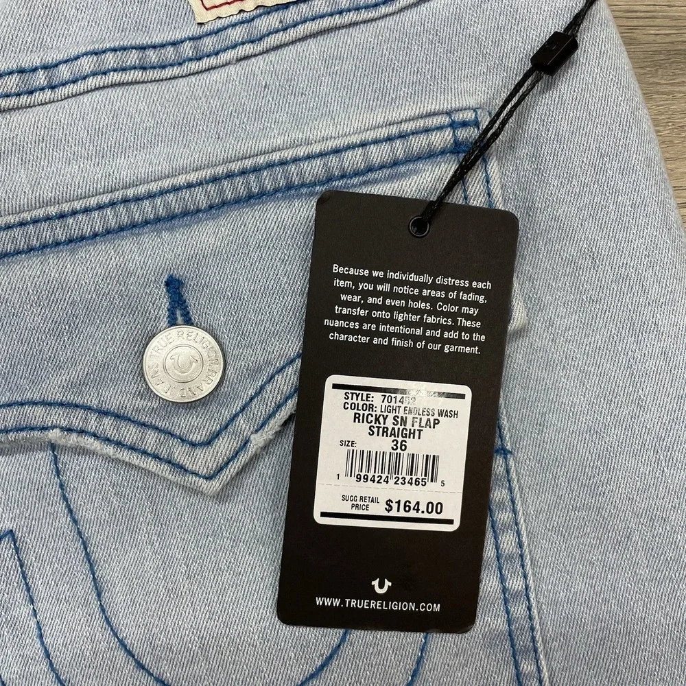 NWT True Religion Ricky SN Flap Straight Jeans Sz 36 Light Endless Wash Casual